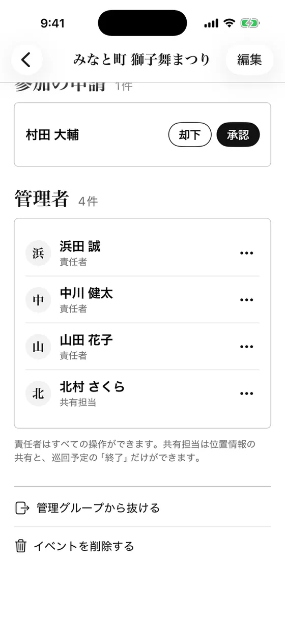 イベントの画面の下の部分。管理者の一覧の下に「管理グループから抜ける」「イベントを削除する」